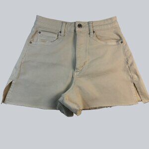 WeworeWhat High-Waisted Beige Denim Shorts Frayed Hem Slit Detail Sz 25